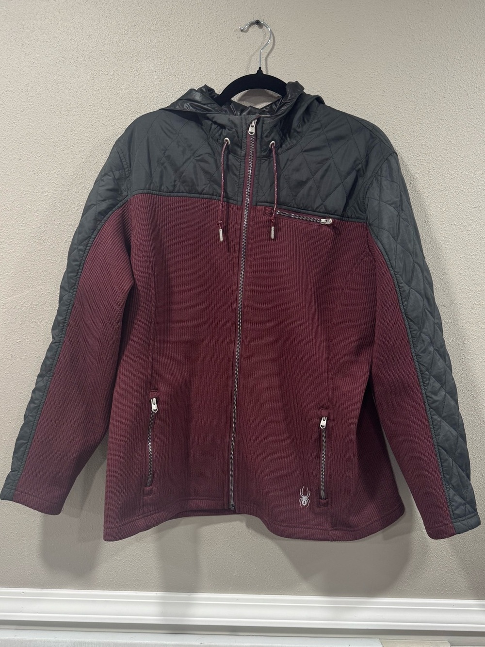 Spyder Quilted Hooded Jacket in Burgundy and Black
